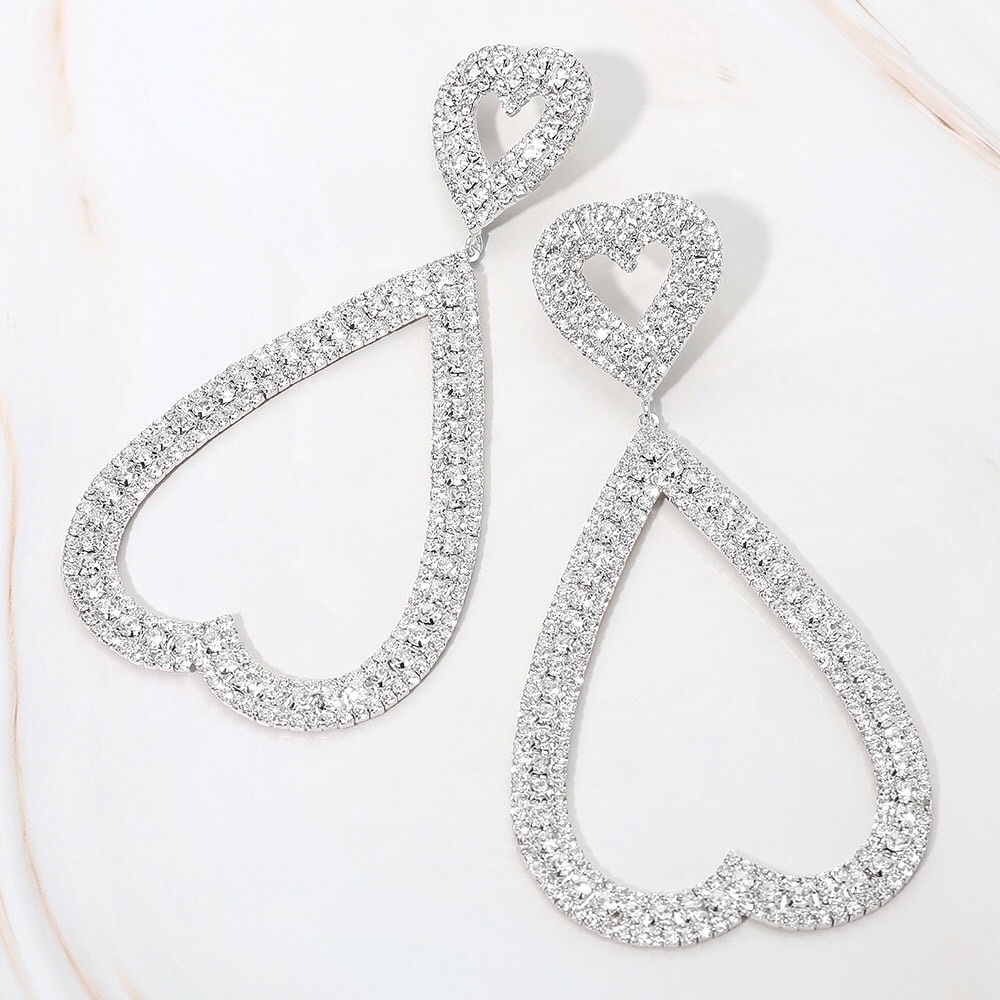 Gold Rhinestone Heart Statement Earrings - Picture 3 of 3